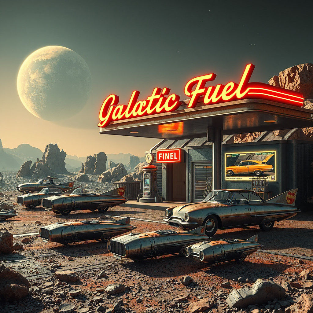 Retro-Futuristic Gas Station on Asteroid with Spaceships