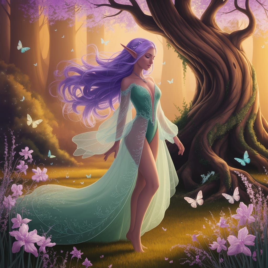 Enchanted Forest Elf in Whimsical Sunset Hues