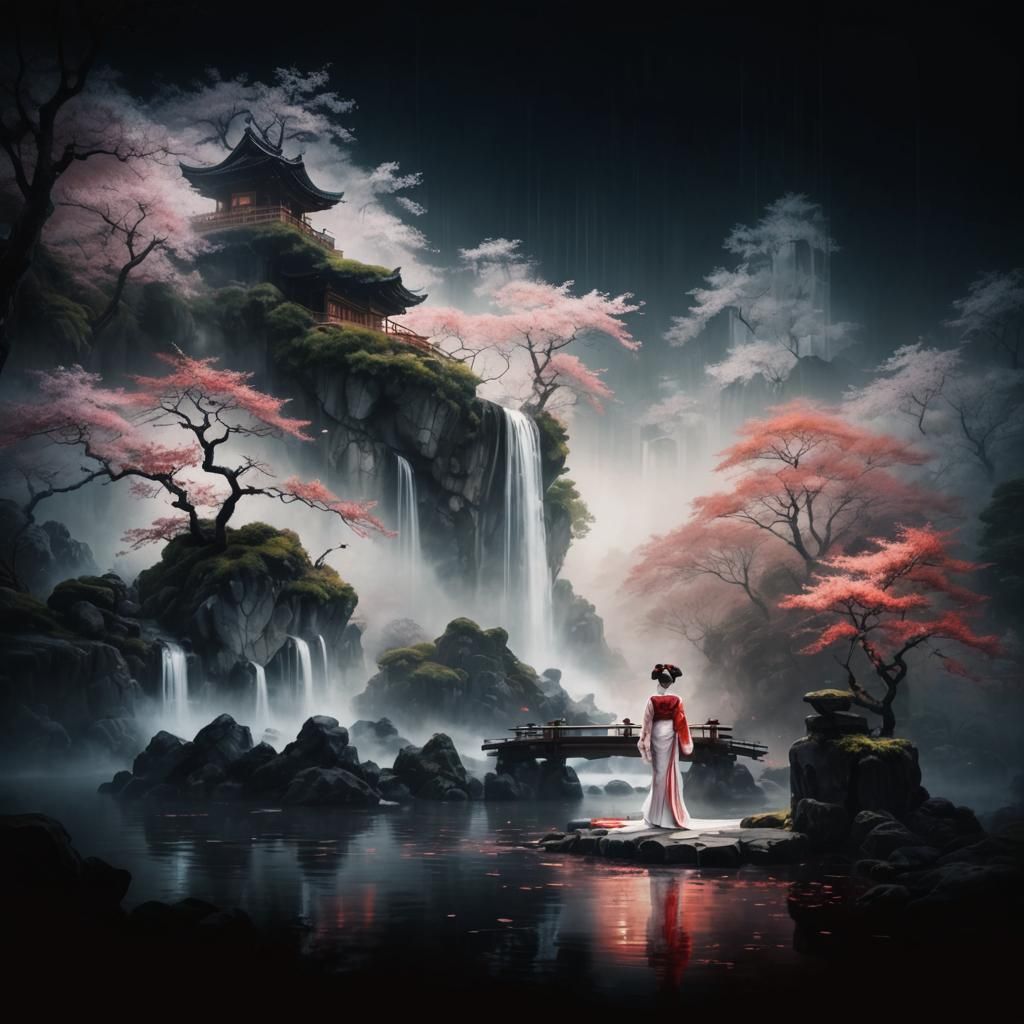 Geisha in Red with Sakura Tree, Japanese Art