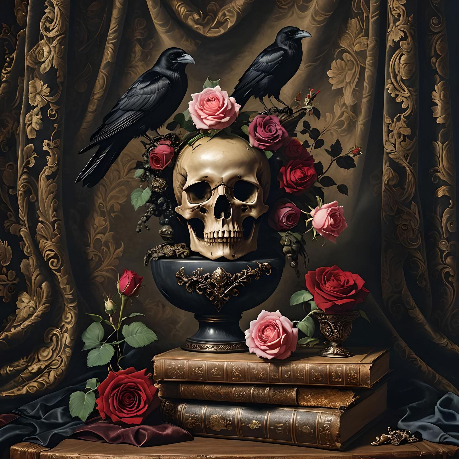 Baroque Still Life: Skull, Rose, Raven on Book