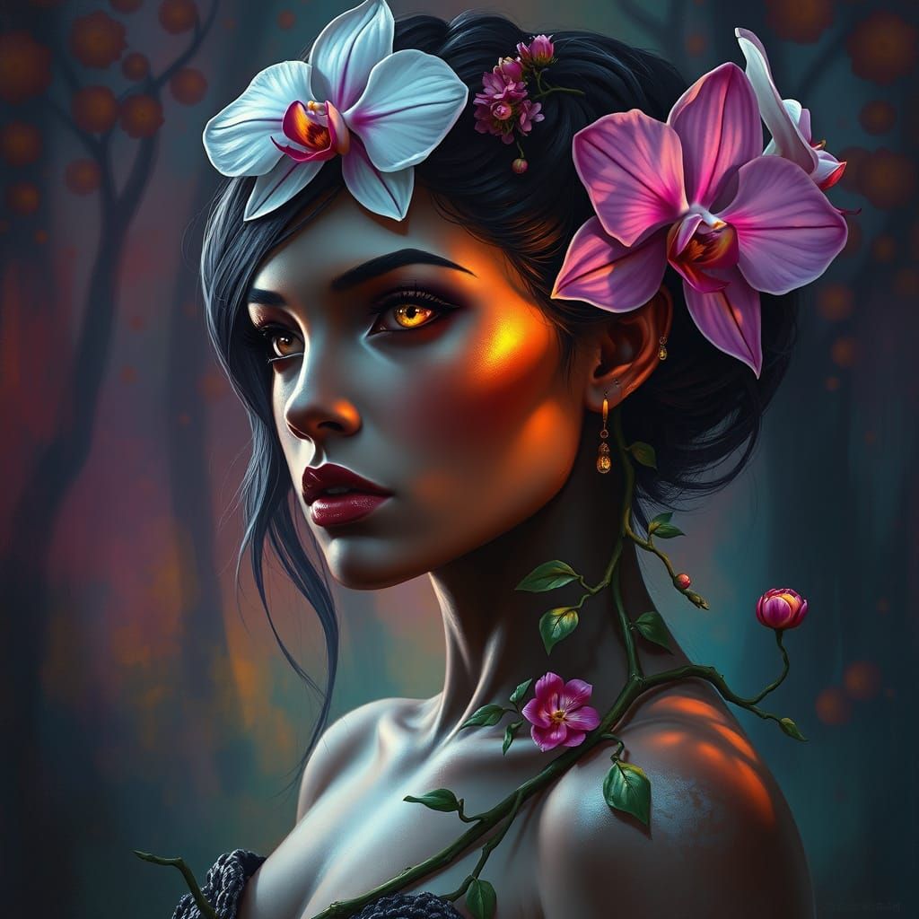 Mystical Hybrid Goddess Blooms with Vibrant Flowers