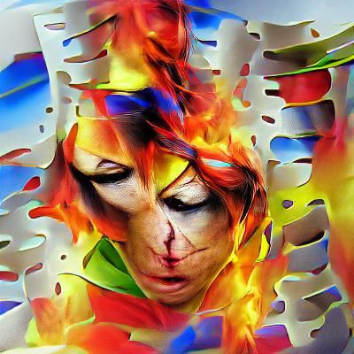 Fractured Woman Ablaze: Colorful Artwork