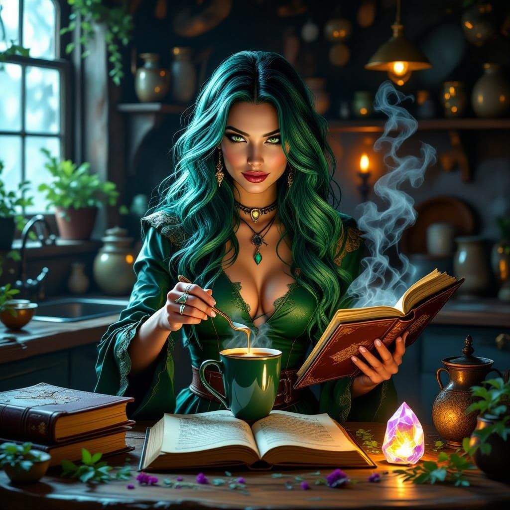 Modern Witch Brews Coffee with Spellbook Nearby