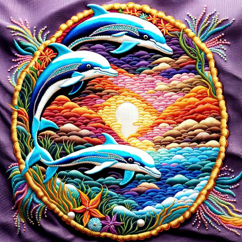 Embroidered Dolphins Tapestry with Metallic Accents
