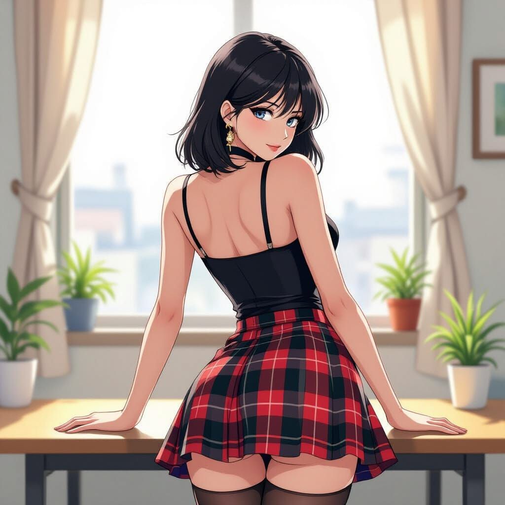 Anime Woman in Plaid Skirt Looking Back