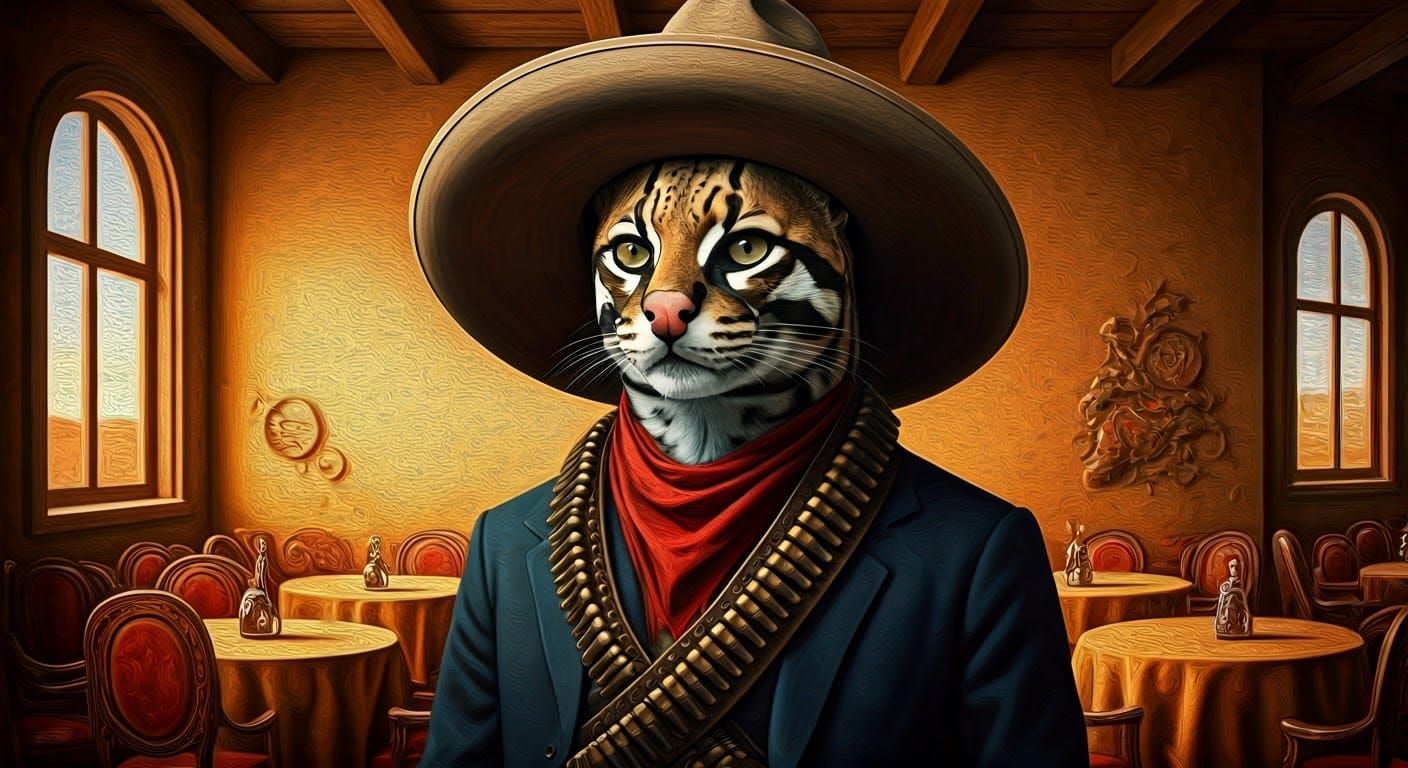 Ocelot in Sombrero in Surrealist Western Salon