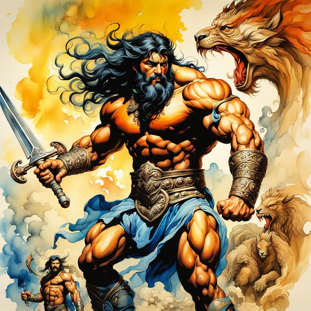 Epic Heracles in Vibrant Watercolour Fantasy