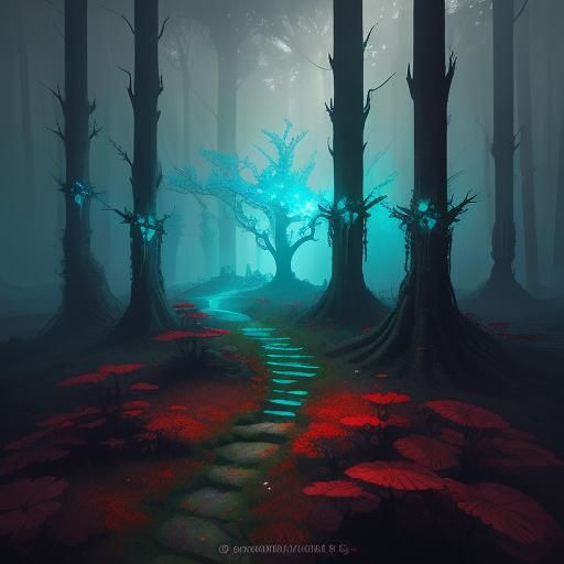 Angry Strawberry in Mystical Forest: Fantasy Matte Painting