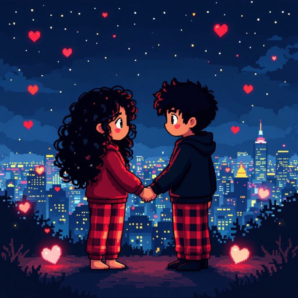 Pixel Art Couple in Pajamas Under City Lights