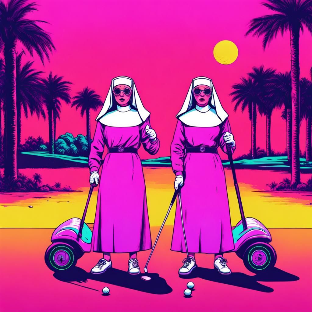 Nuns Golfing in Synthwave Neon Retro Style