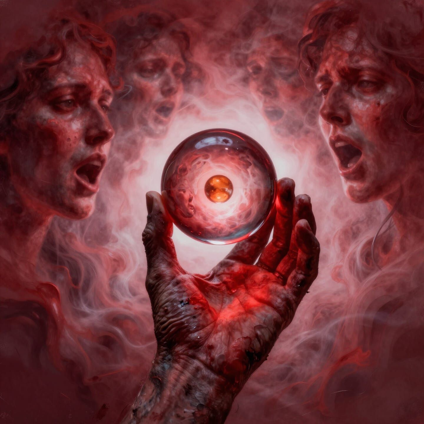 Expressionist Hand Holds Glowing Sphere in Crimson Vortex