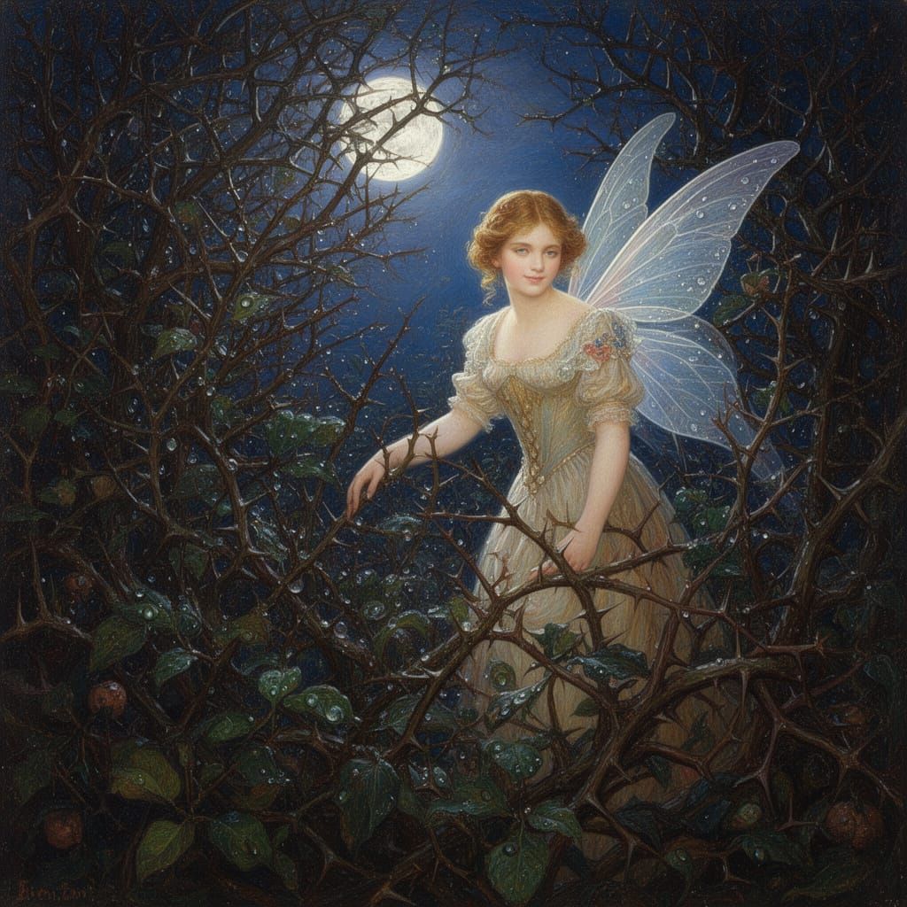 Victorian Fairy in Moonlit Brambles, Pre-Raphaelite Style