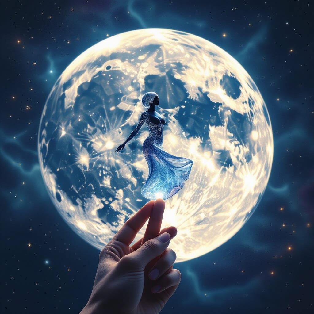 Lunar Figure Spins Earth's Moon on Finger