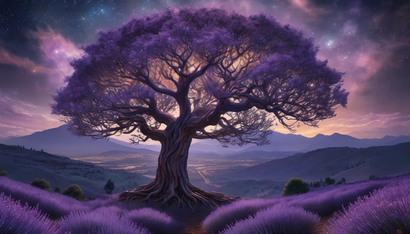 Magical Lavender Tree Under Starry Night Sky