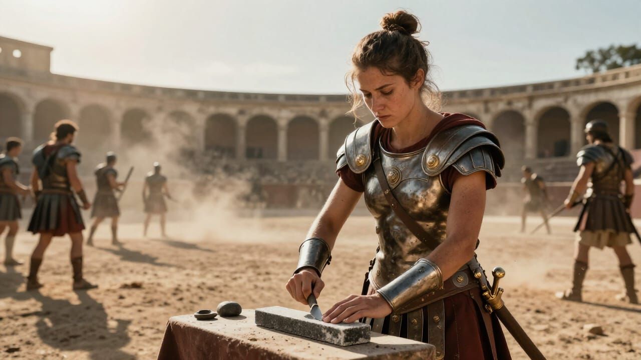 Female Gladiator Sharpens Gladius in Roman Arena