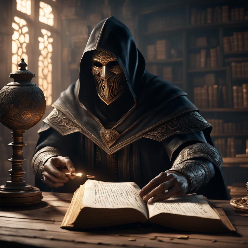 Masked Man with Ancient Book: 3D Game Cinematic