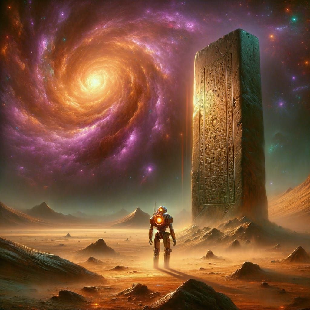 Robot Gazes at Ancient Monolith in Alien Desert