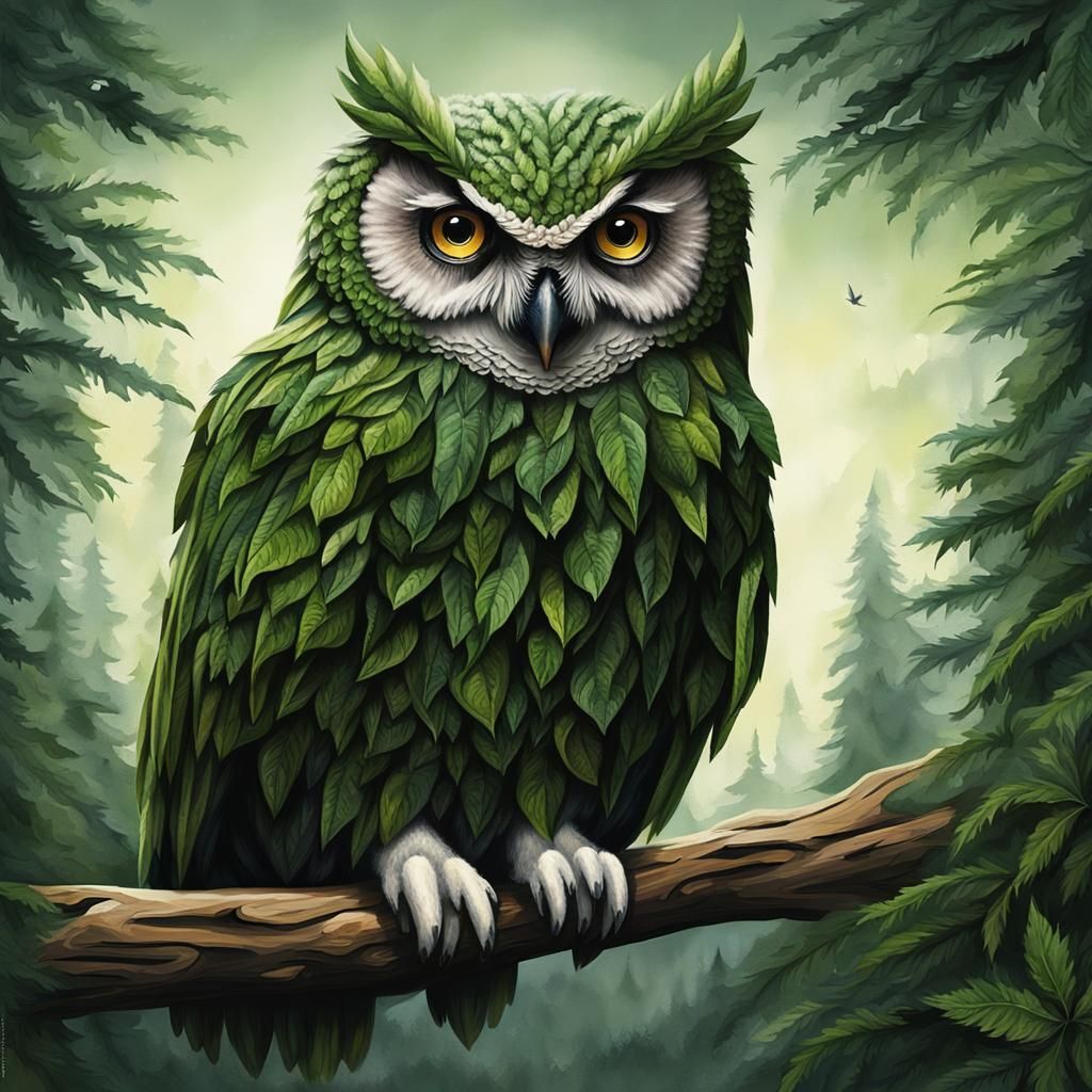owl portrait with body made from marihuana bud and wings made from marihuana leaves