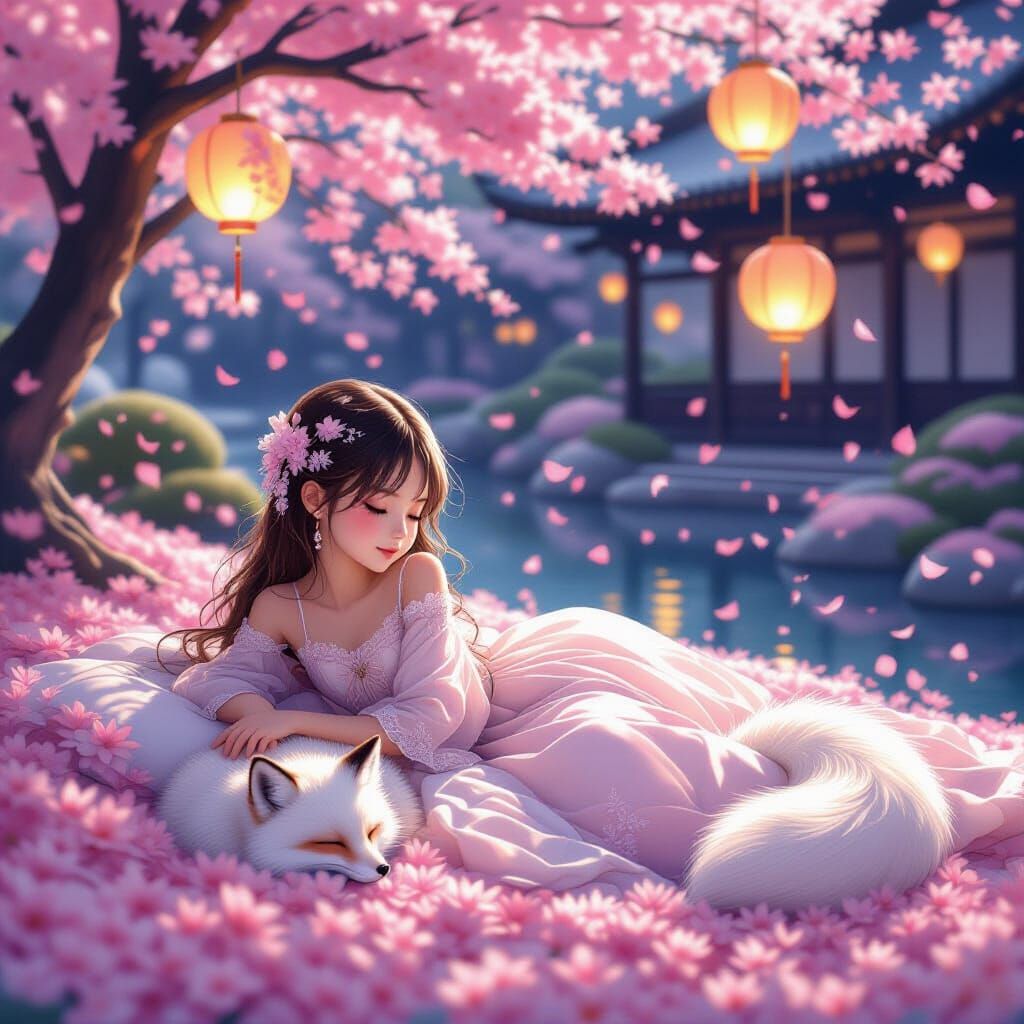 Dreamy Girl with Fox in Moonlit Cherry Garden