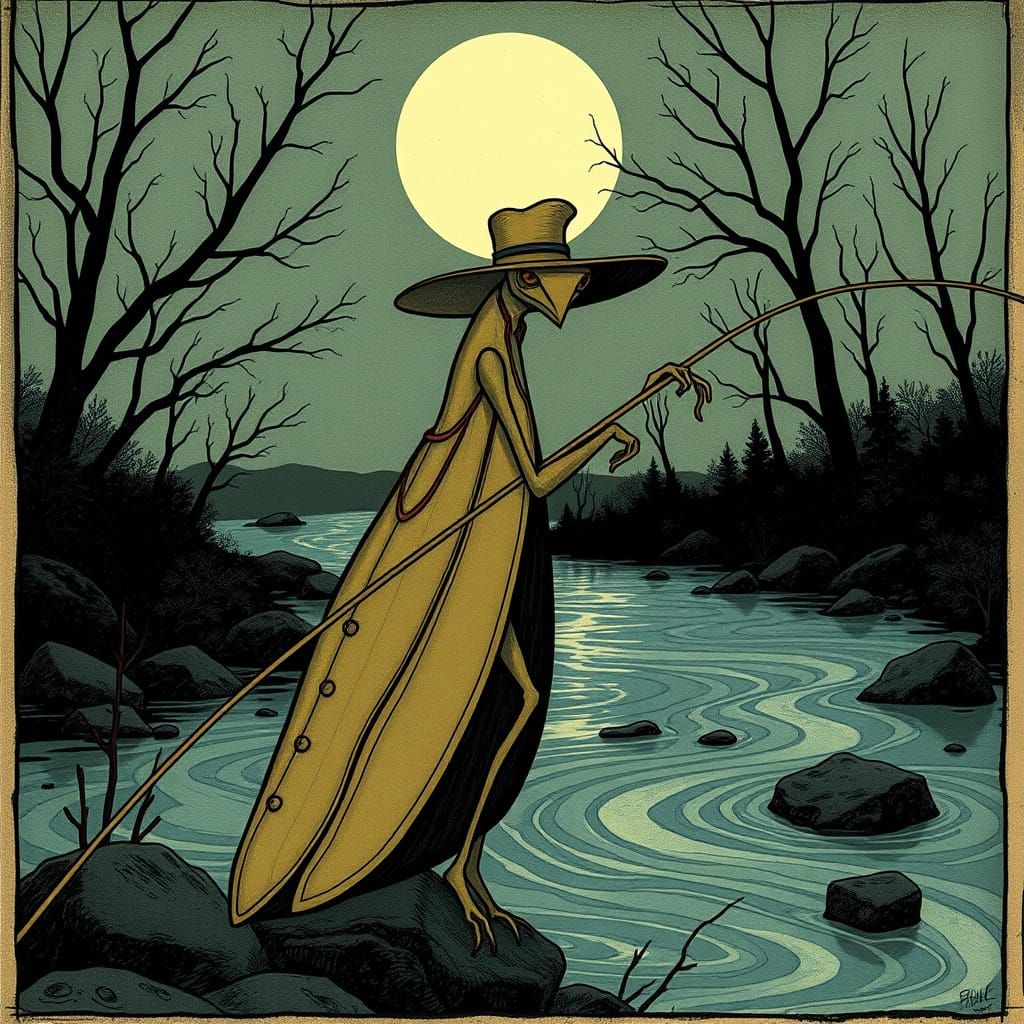 Art Nouveau Mantis Angler in Moonlight River