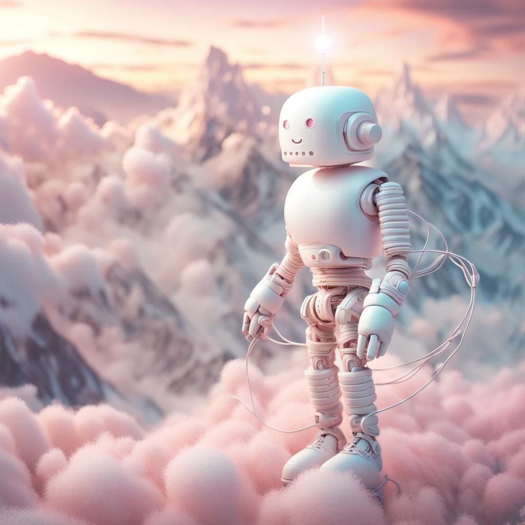 Surreal Marshmallow Cyborg in Ethereal Pastel Landscape