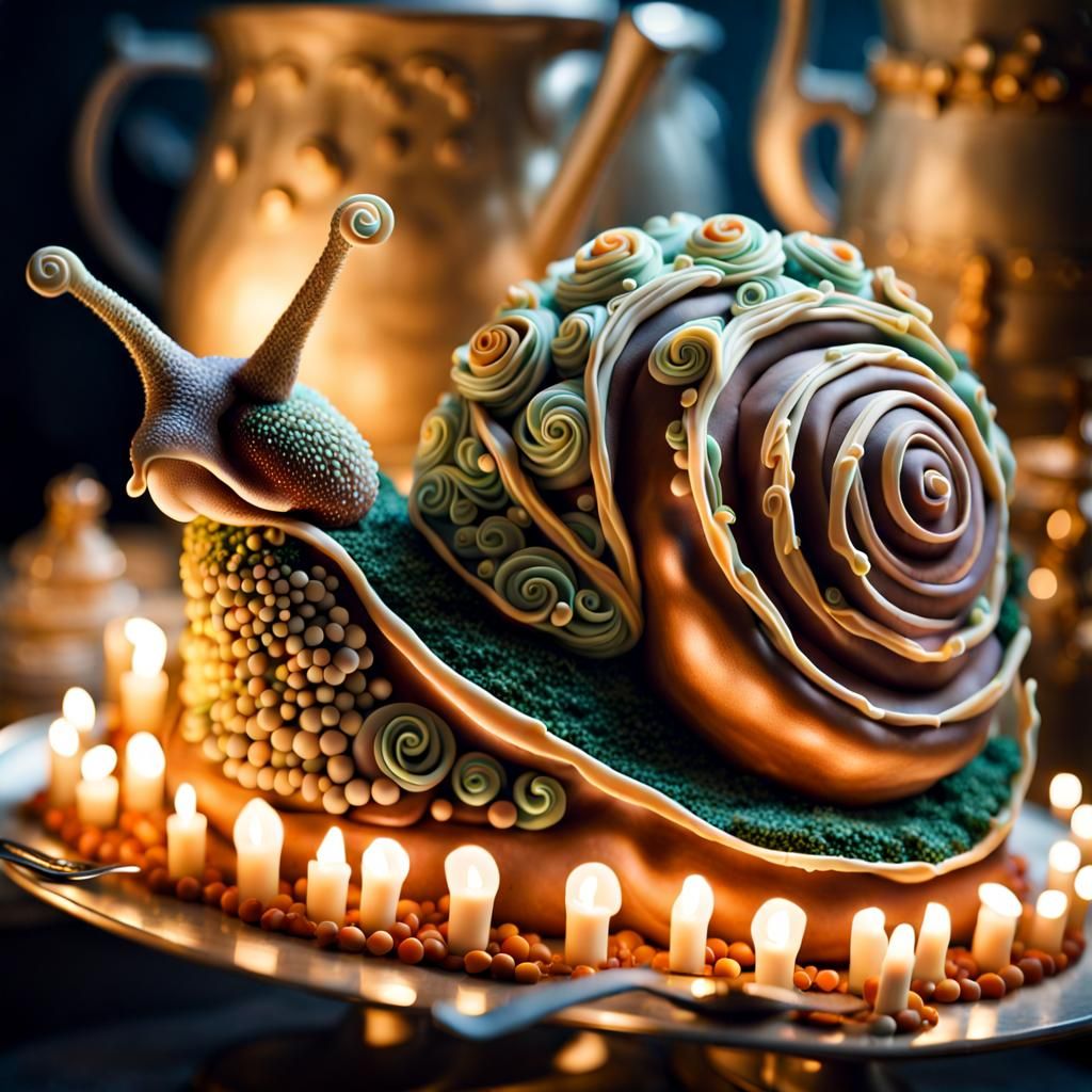 Surreal Snail Cake Masterpiece in Dreamlike Style