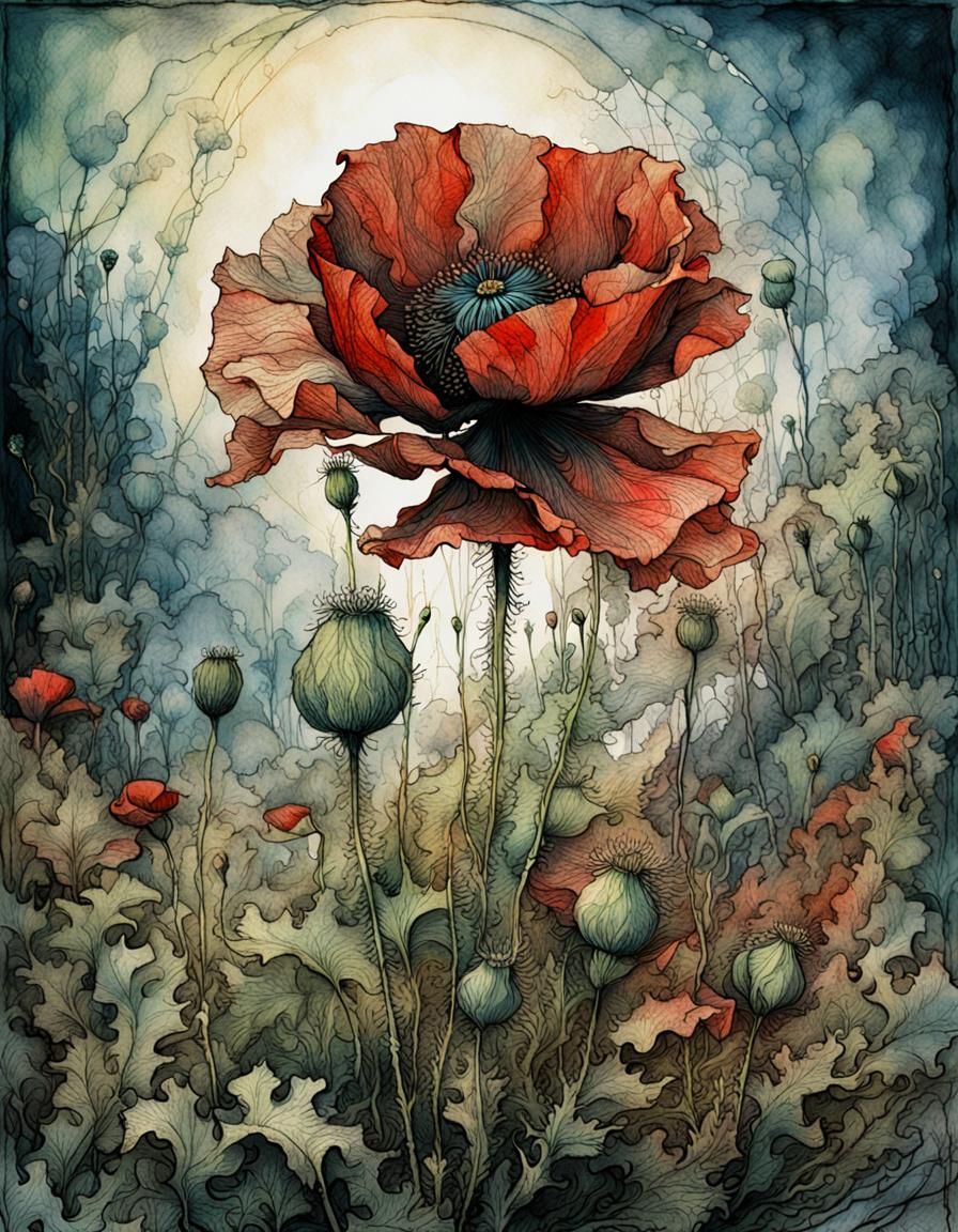 Medieval Poppy Blossom in Romanticism Style