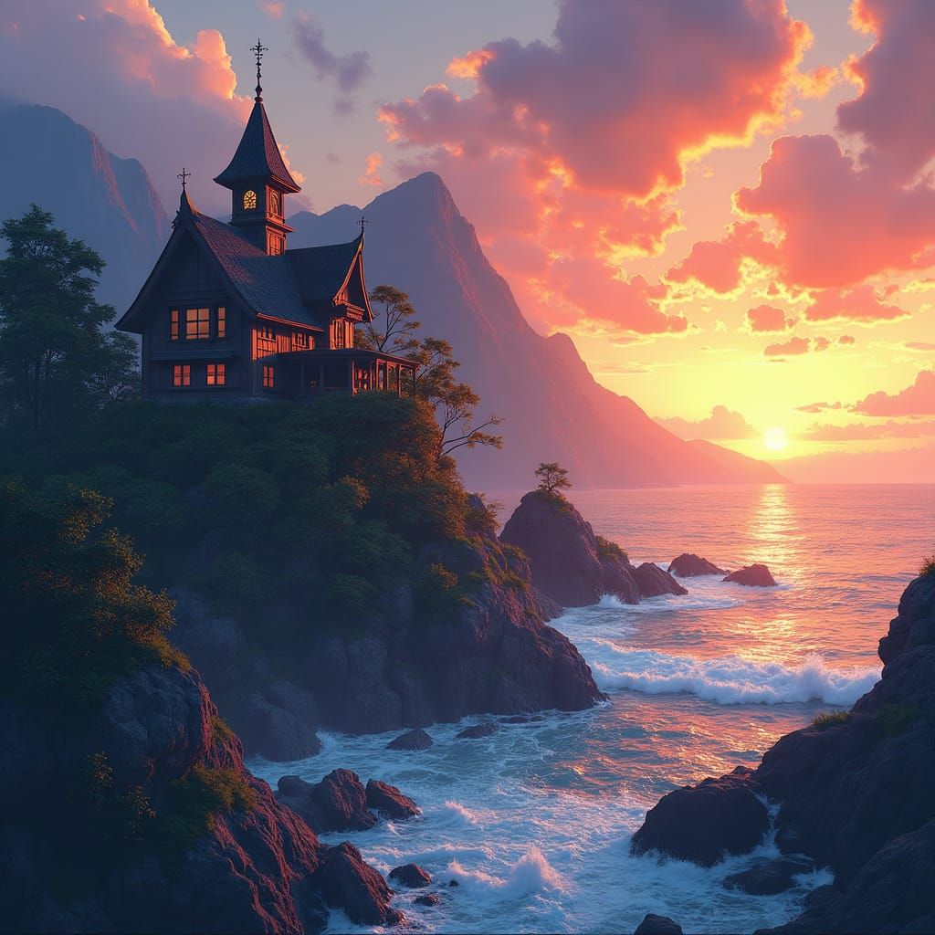 Ocean View Mountain House: Watercolour Sunset Painting