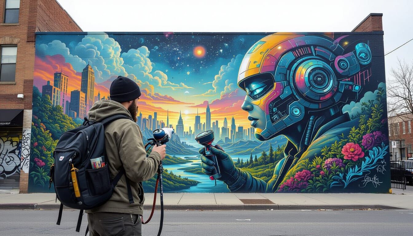 Urban Graffiti Artist Creates Airbrushed Landscape Mural