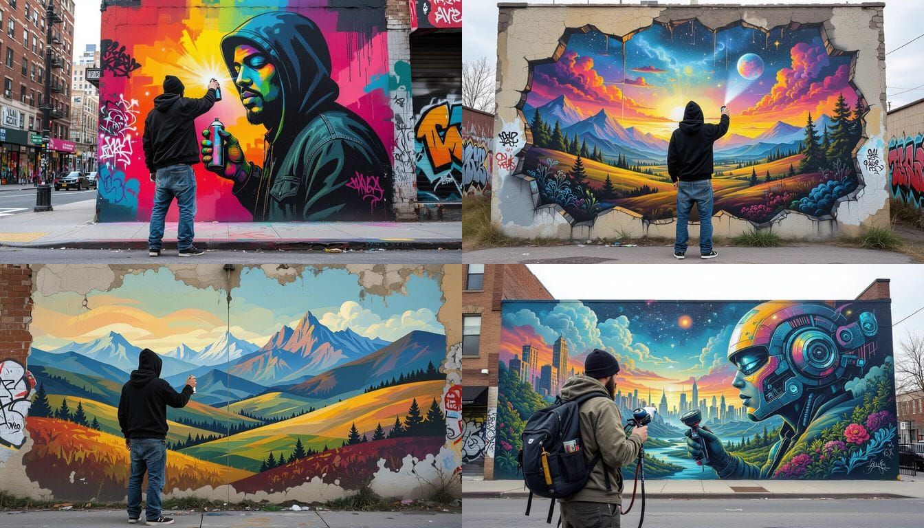 Airbrush Graffiti Artist Creates Urban Landscape Mural