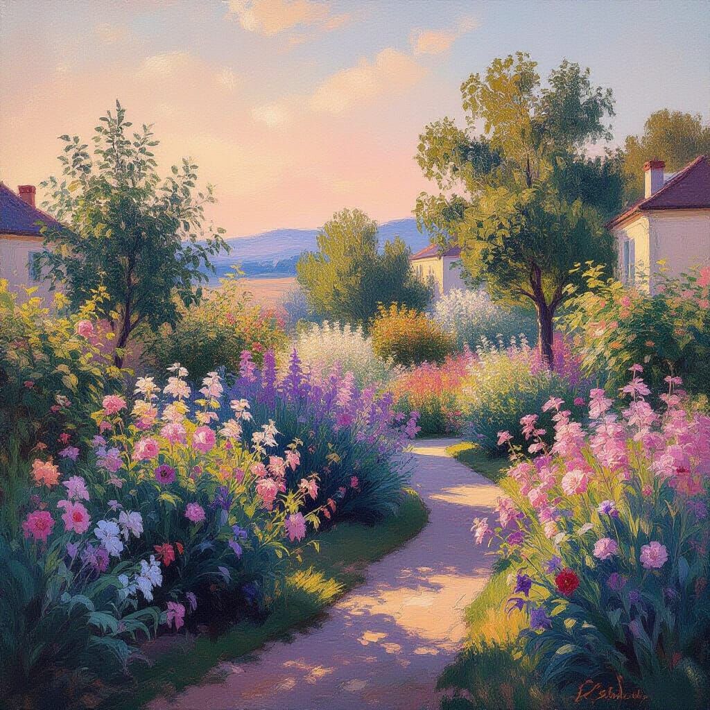 Impressionist Garden at Dawn in Peach and Violet