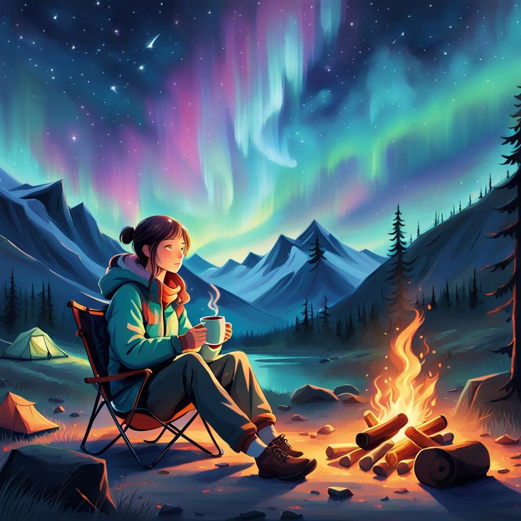 Anime Woman Relaxing by Campfire Under Aurora