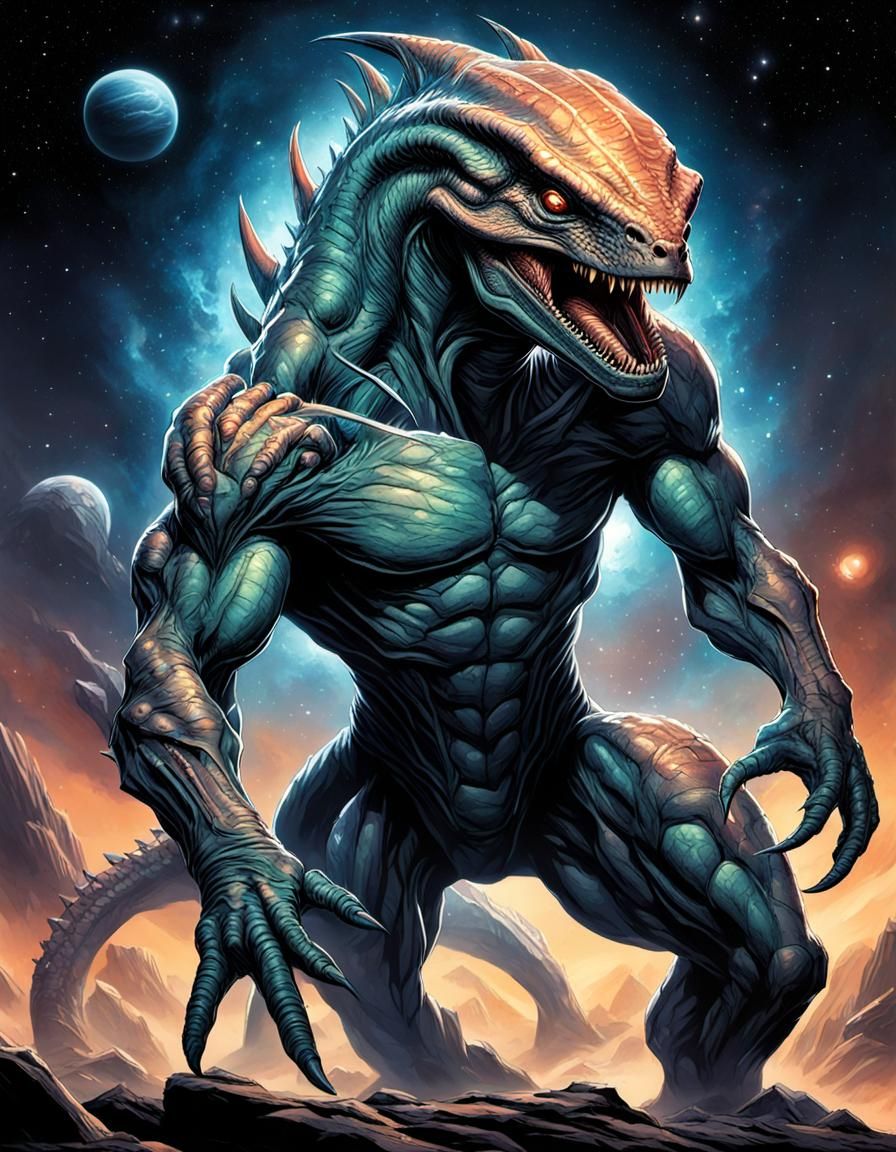 hyper realistic perfect smooth very muscular and powerful terrifying cosmic female alien reptile