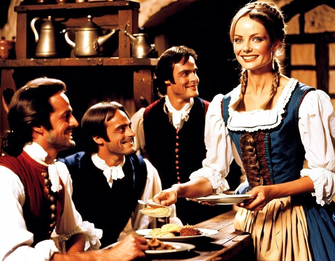 Waitress Serving Patrons in 18th Century Tavern