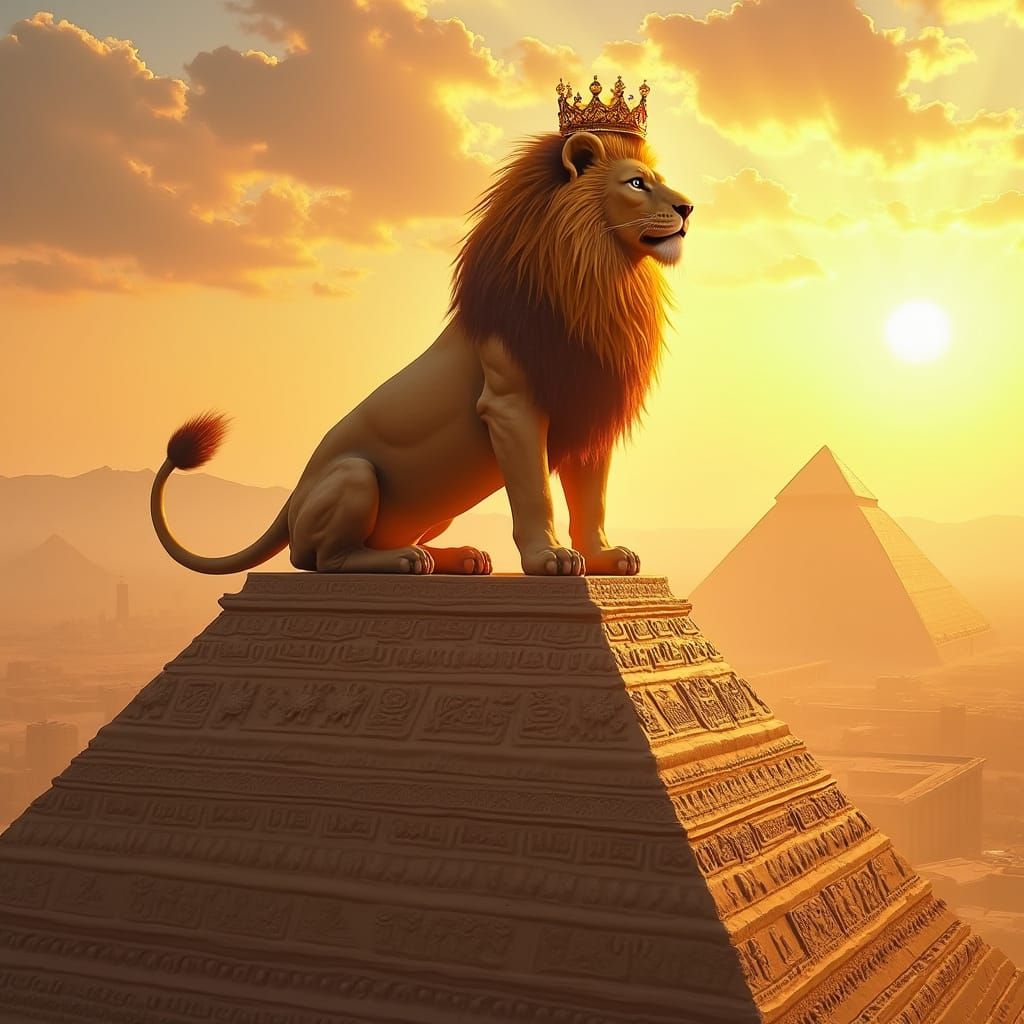 Regal Lion on Ancient Ziggurat in Golden Sunset