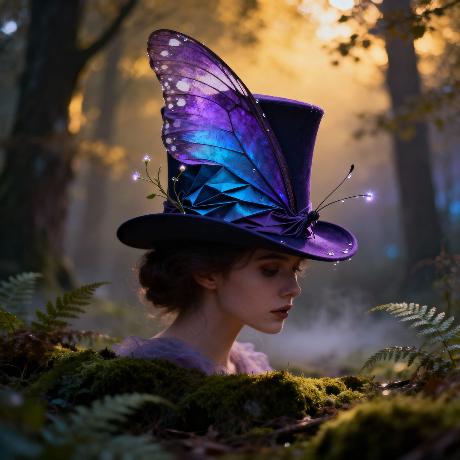 Iridescent Butterfly Wing Top Hat in Twilight Forest