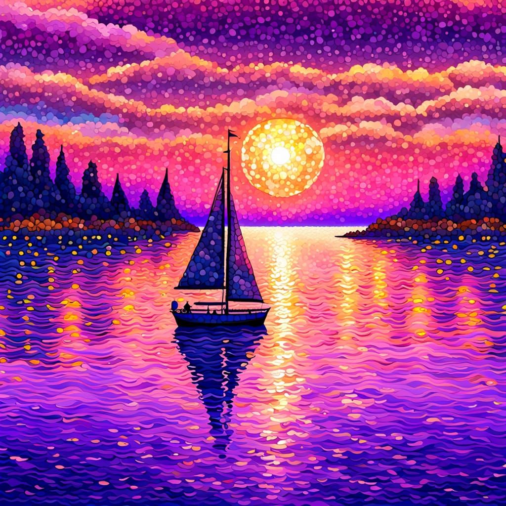 Bubbles pointillism art . Sailboat sailing on ocean with clo...