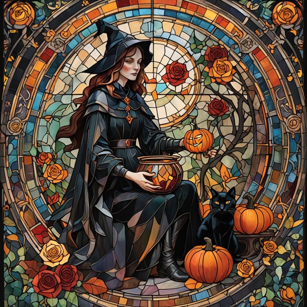 Halloween Witch Scene in Cubist Stained Glass Art