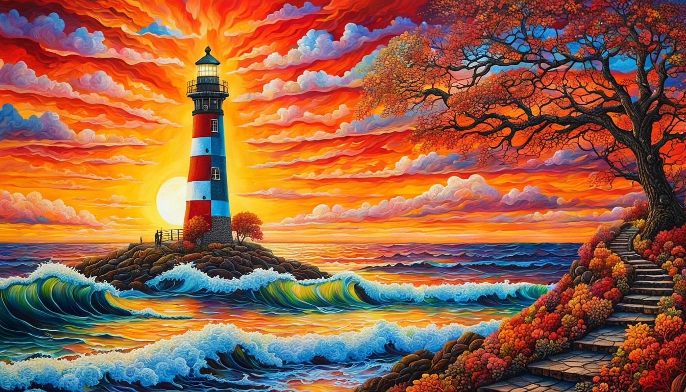 Autumn Lighthouse Sunset in Geometric Digital Art