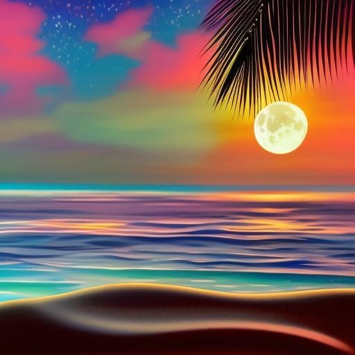 Moonlit Tropical Seascape in Acrylic Style