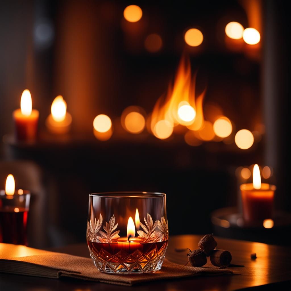 Cozy Dark Room with Fireplace and Cognac