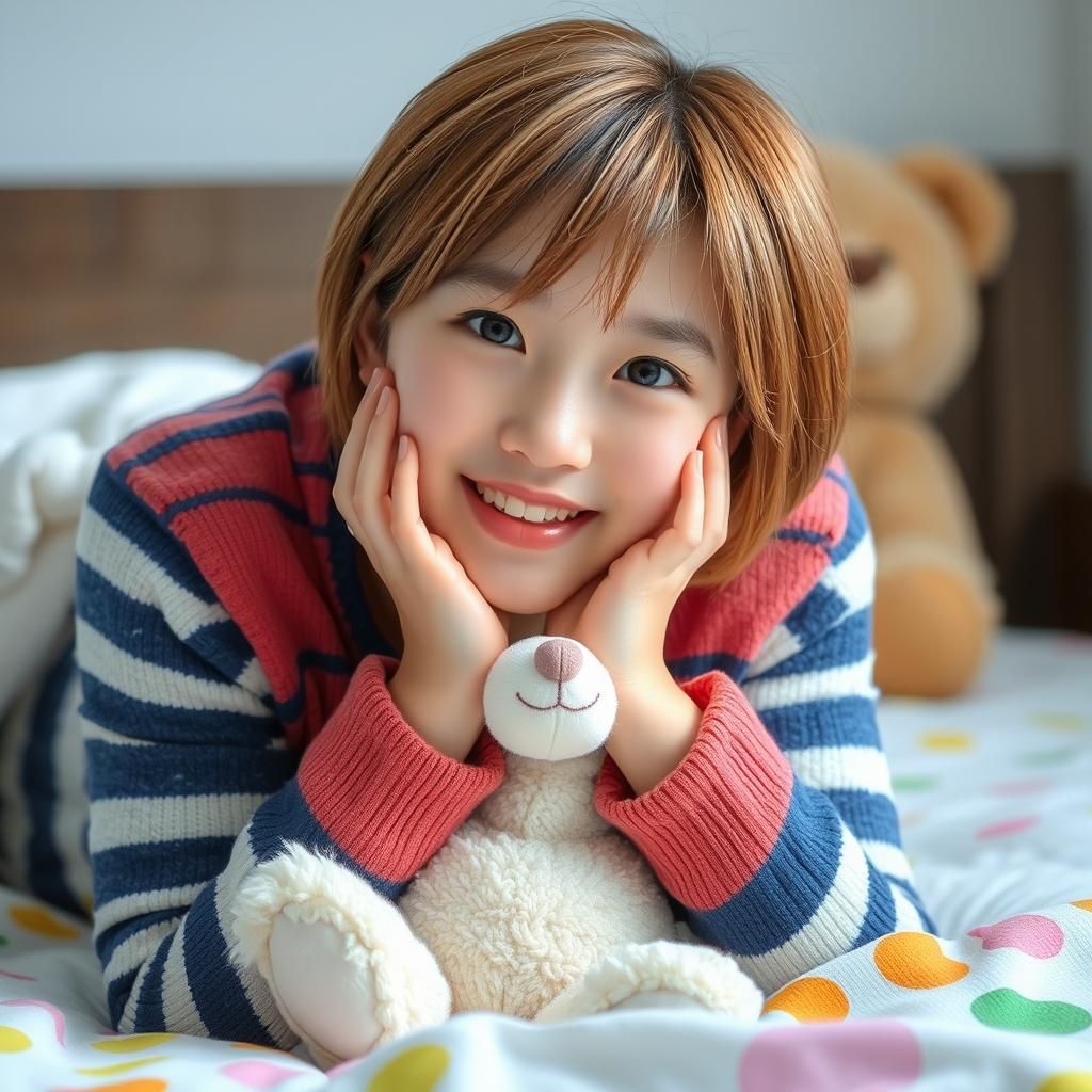 Girl with Teddy Bear Smiling on Bed