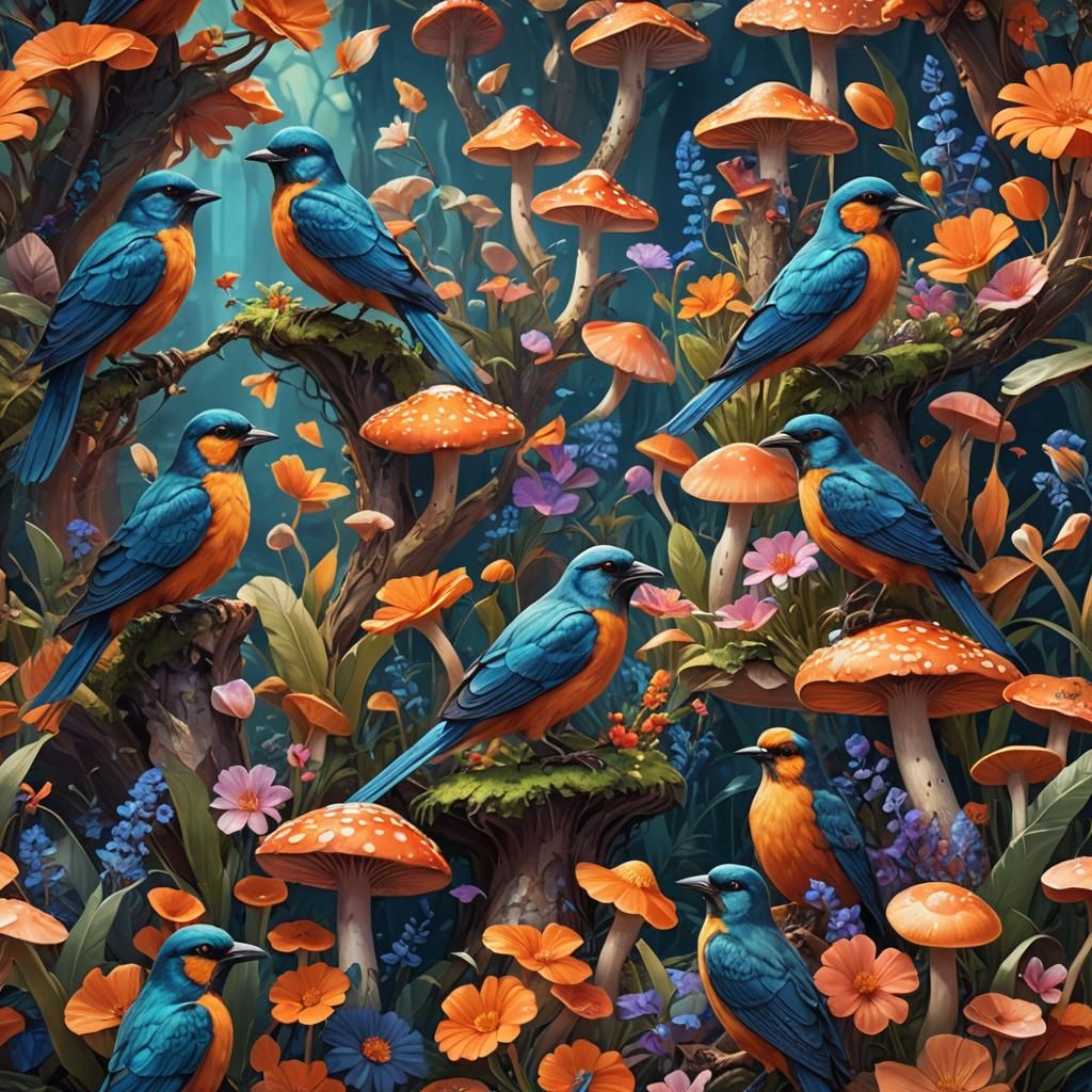 Birds in a Fantastical Glowing Garden