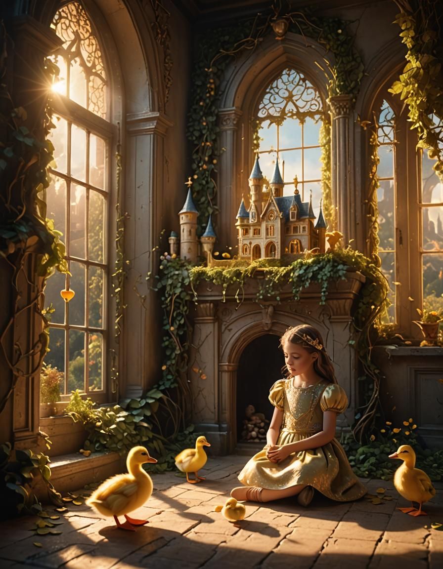 Girl and Duckling in Sunlit Dollhouse Castle