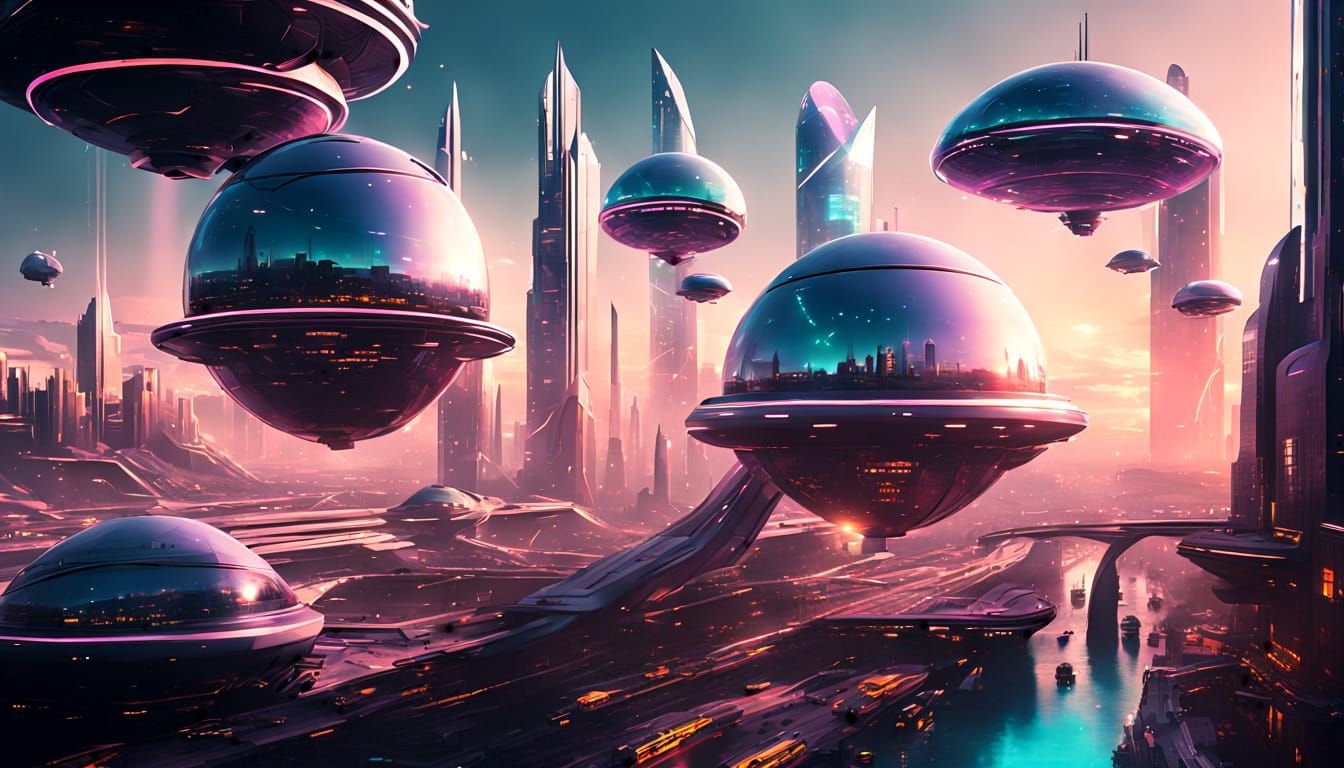 Futuristic Cityscape with Flying Cars in Retro Style