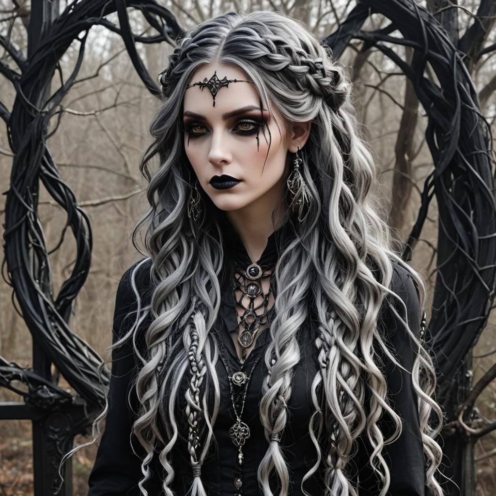 Gothic Sorceress with Amethyst Eyes and Silver Hair