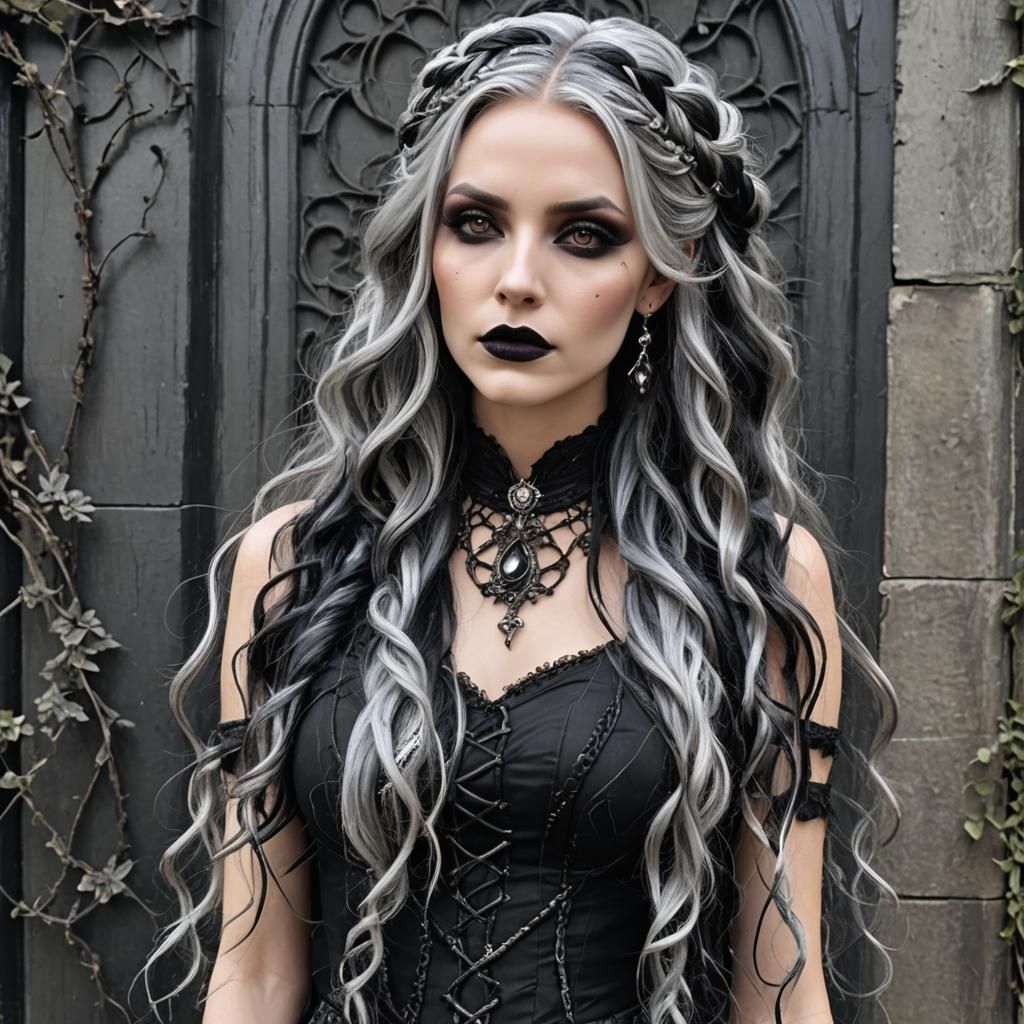 Gothic Sorceress with Silver Hair and Amethyst Eyes