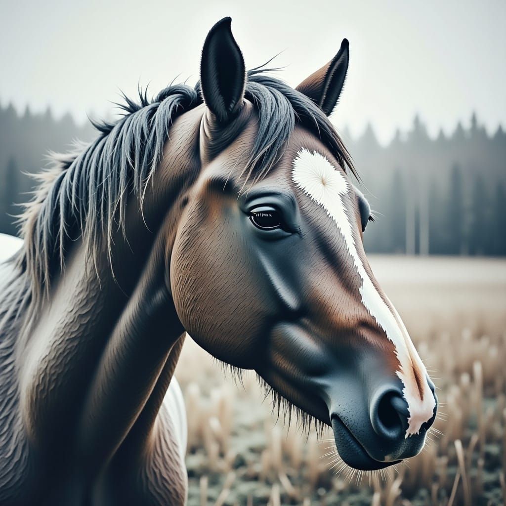 Pixelated Horse in Winter Pasture with Fading Effect