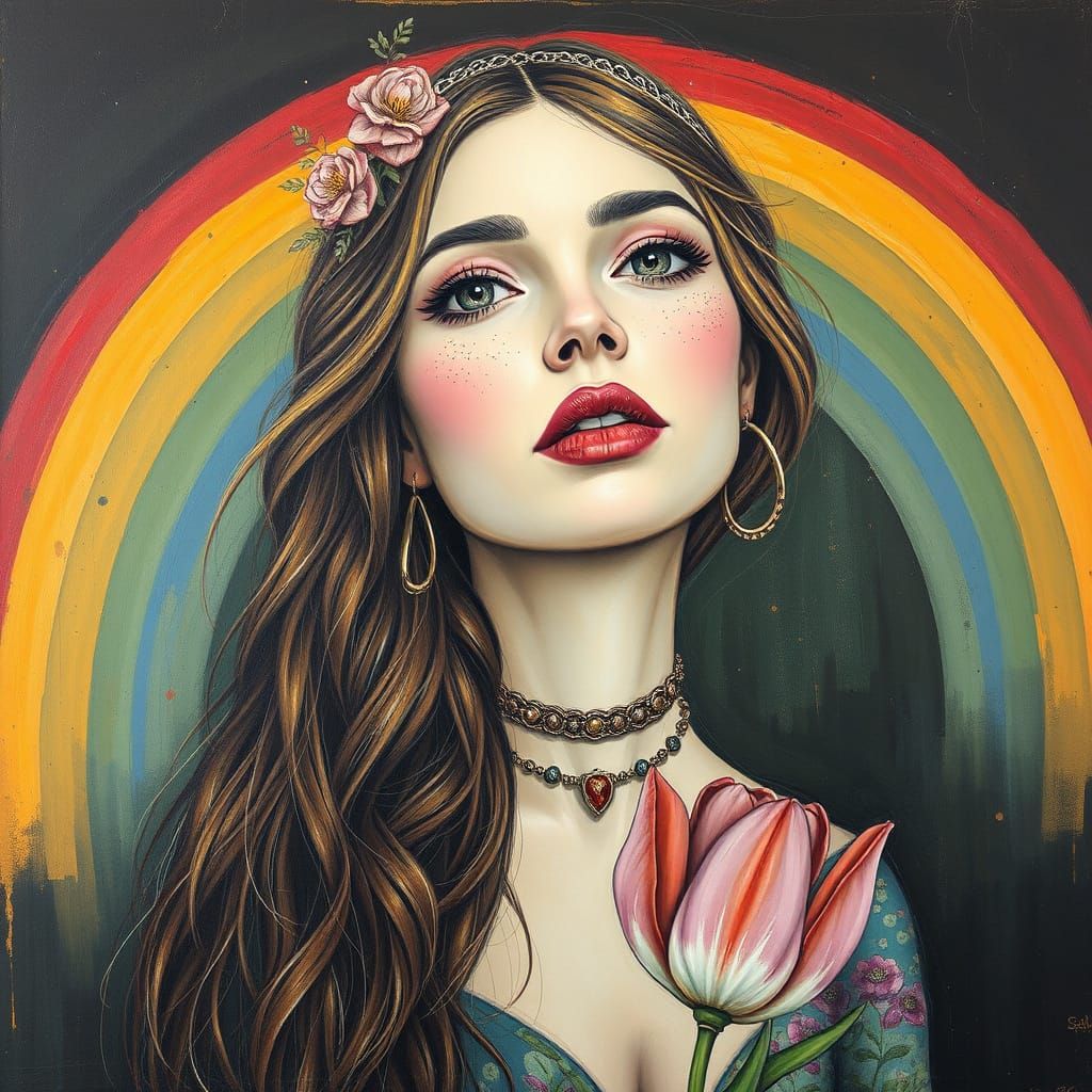 Vibrant Bohemian Woman in a Rainbow Hued Craquelure Painting