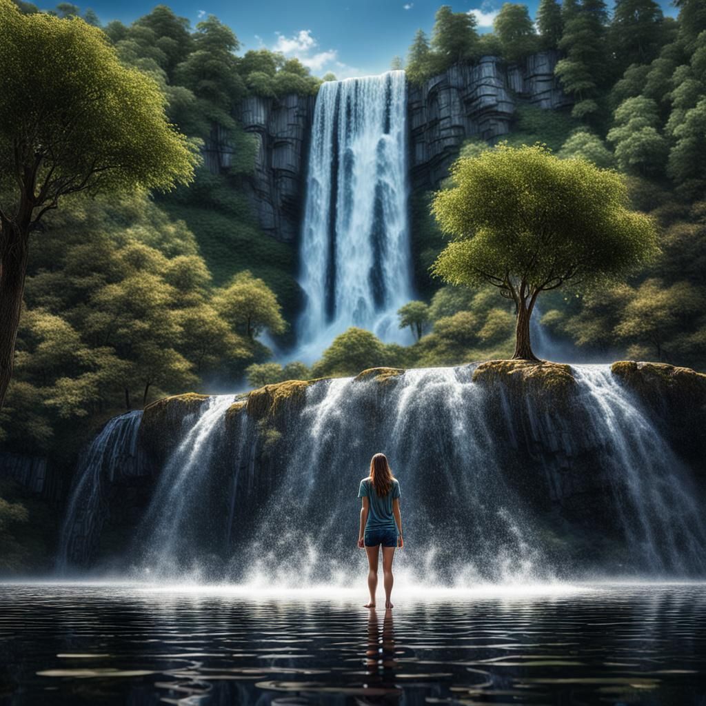 Realistic Waterfall Scene with Woman in High Definition